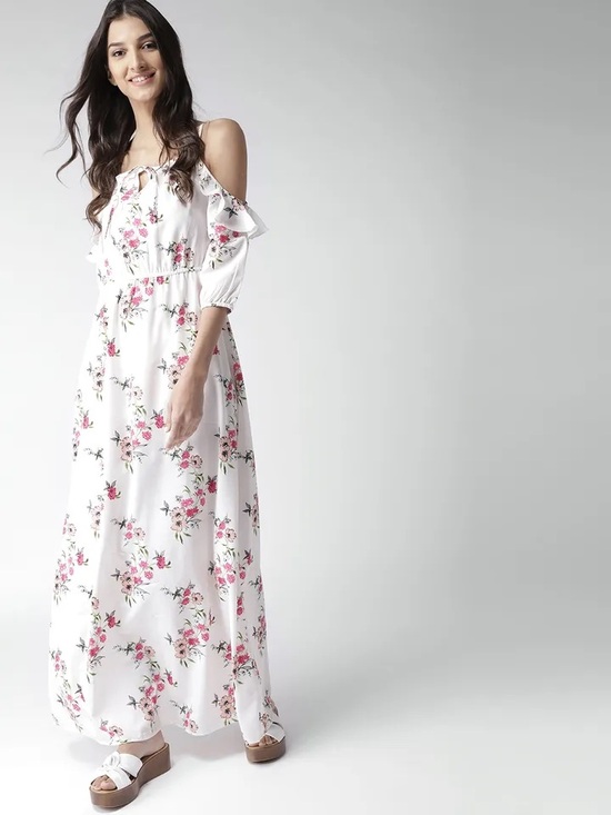 Mast & Harbour Dresses & Skirts - Mast & Harbour 17” PTP Floral Cold-Shoulder Maxi Dress, White/Pink, Size Medium.